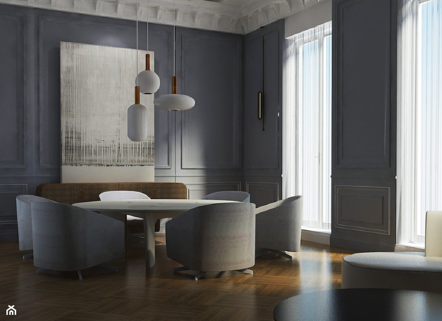 szary salon z jadalnia z okrągłym dużym stołem i 6 fotelami - zdjęcie od Atelier 37 | architektura & projektowanie wnętrz - Homebook