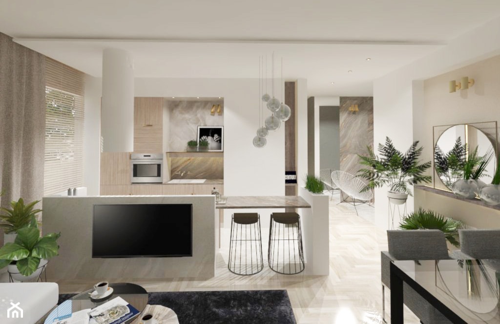 Tv na ściance oddzielającej kuchnie i salon - zdjęcie od Atelier 37 | architektura & projektowanie wnętrz - Homebook