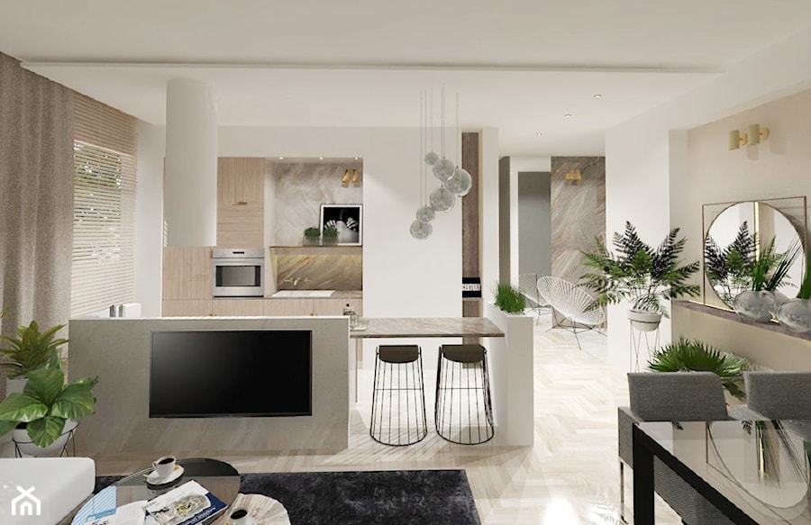 Tv na ściance oddzielającej kuchnie i salon - zdjęcie od Atelier 37 | architektura & projektowanie wnętrz
