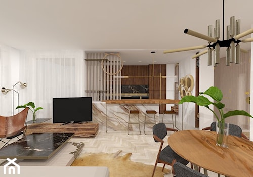 biały sredni salon ze stołem oraz aneksem kuchnenym - zdjęcie od Atelier 37 | architektura & projektowanie wnętrz