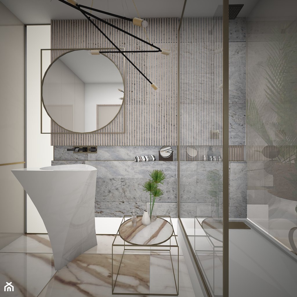 mała łazienka z okrąłym lustrem i kamieniem dekoracyjnym - zdjęcie od Atelier 37 | architektura & projektowanie wnętrz - Homebook