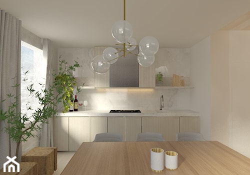 średnia kuchnia z jadalnią w drewnianymi frontami i marmurem na ścianie - zdjęcie od Atelier 37 | architektura & projektowanie wnętrz