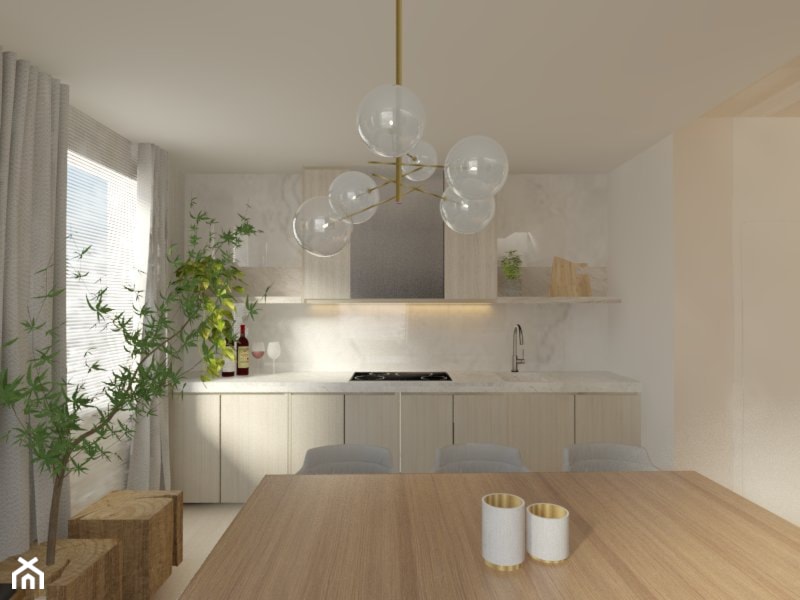 średnia kuchnia z jadalnią w drewnianymi frontami i marmurem na ścianie - zdjęcie od Atelier 37 | architektura & projektowanie wnętrz - Homebook