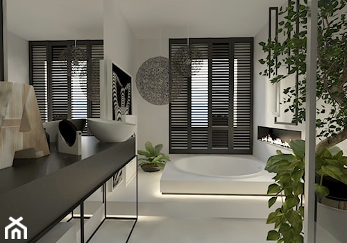 nowoczesna czarno biała łazienka z oknem i okrągłą wanną i prysznicem - zdjęcie od Atelier 37 | architektura & projektowanie wnętrz