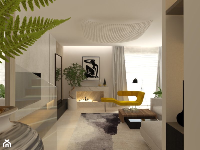 salon z biokominkiem w obudowie z płyty marmurowej przy ścianie z tv. żółte szezlong - zdjęcie od Atelier 37 | architektura & projektowanie wnętrz - Homebook