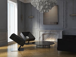 duży szary salon klasyczny z minimalistyczną czarną sofa i biokominkiem - zdjęcie od Atelier 37 | architektura & projektowanie wnętrz
