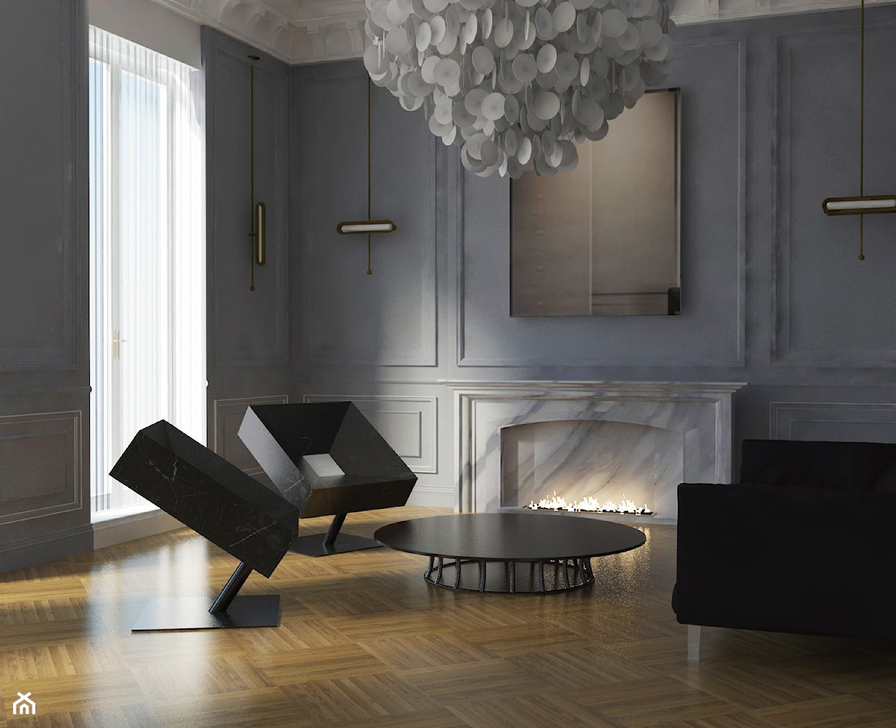 duży szary salon klasyczny z minimalistyczną czarną sofa i biokominkiem - zdjęcie od Atelier 37 | architektura & projektowanie wnętrz - Homebook