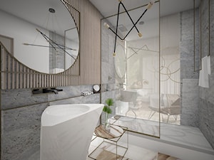 łazienka z okrągłym złotym lustrem w ramie - zdjęcie od Atelier 37 | architektura & projektowanie wnętrz