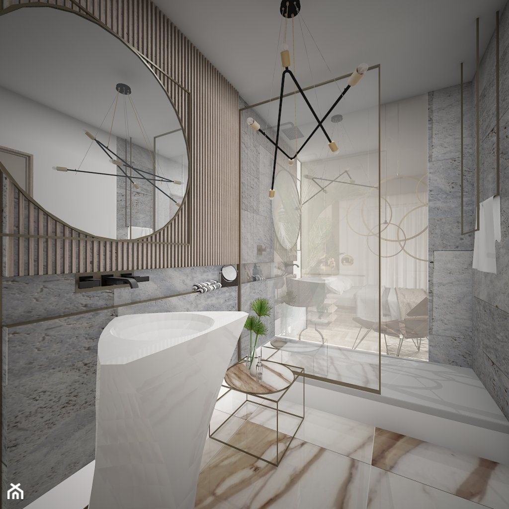 łazienka z okrągłym złotym lustrem w ramie - zdjęcie od Atelier 37 | architektura & projektowanie wnętrz - Homebook