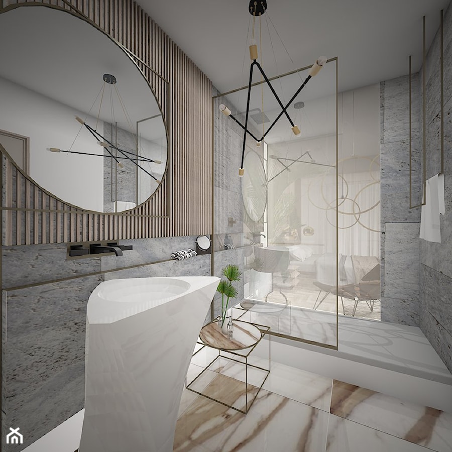 łazienka z okrągłym złotym lustrem w ramie - zdjęcie od Atelier 37 | architektura & projektowanie wnętrz