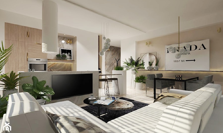 średni salon z otwartą kuchnią, białym narożnikiem i szkalym stołem - zdjęcie od Atelier 37 | architektura & projektowanie wnętrz