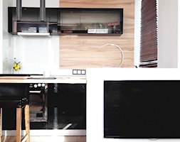 aneks kuchenny ze ścianką oddzielająca od strefy wypoczynkowej salonu z zawieszonym telewizorem - zdjęcie od Atelier 37 | architektura & projektowanie wnętrz - Homebook