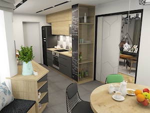 Industrialnie - Średnia otwarta z salonem biała czarna szara z zabudowaną lodówką kuchnia dwurzędowa z oknem, styl industrialny - zdjęcie od Inspirem
