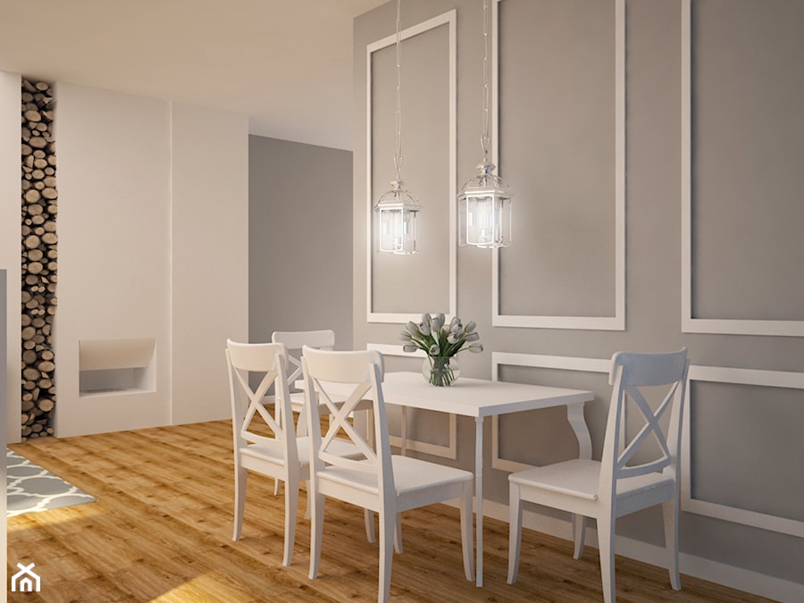 SALON Z JADALNIĄ - Średnia biała szara jadalnia jako osobne pomieszczenie, styl prowansalski - zdjęcie od MO.JE WNĘTRZA