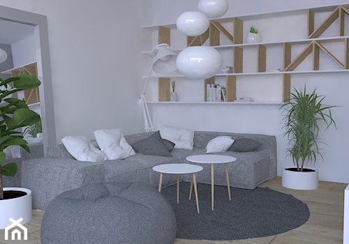 Dom jednorodzinnych w Wilczycach pod Wrocławiem - Mały biały salon z bibiloteczką, styl minimalistyczny - zdjęcie od PUFA STUDIO