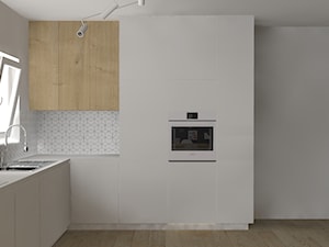 Średnia otwarta z kamiennym blatem biała z zabudowaną lodówką z nablatowym zlewozmywakiem kuchnia w kształcie litery l z oknem, styl minimalistyczny - zdjęcie od PUFA STUDIO