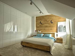 Sypialnia pod skosem - Średnia szara sypialnia na poddaszu, styl nowoczesny - zdjęcie od Grzegorz Popiołek Projektowanie Wnetrz