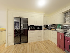 KUCHNIA ANGIELSKA - Duża otwarta z salonem z kamiennym blatem z zabudowaną lodówką kuchnia w kształcie litery l z marmurem nad blatem kuchennym, styl tradycyjny - zdjęcie od Interior Design 77