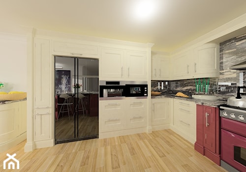 KUCHNIA ANGIELSKA - Duża otwarta z salonem z kamiennym blatem z zabudowaną lodówką kuchnia w kształcie litery l z marmurem nad blatem kuchennym, styl tradycyjny - zdjęcie od Interior Design 77