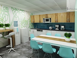 Kuchenka w biurze - Średnia otwarta z salonem z kamiennym blatem z zabudowaną lodówką z nablatowym zlewozmywakiem kuchnia jednorzędowa, styl skandynawski - zdjęcie od Jachtoma design