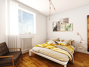 Słoneczna sypialnia z żółcią drewnem i miedzią. - zdjęcie od Jachtoma design
