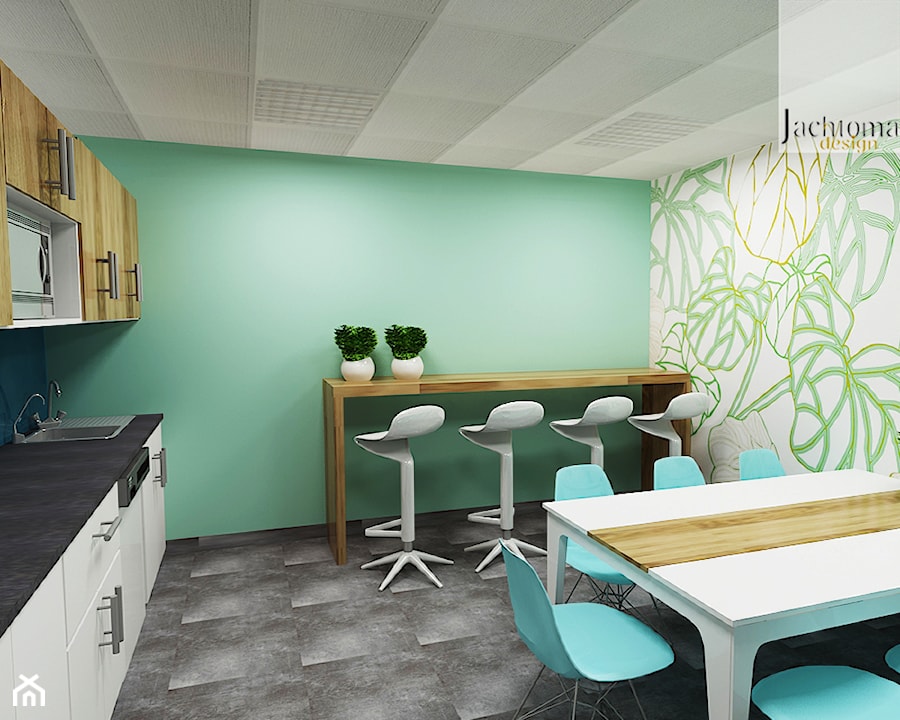 Kuchenka w biurze - Średnia zamknięta z kamiennym blatem zielona z zabudowaną lodówką z nablatowym zlewozmywakiem kuchnia jednorzędowa, styl skandynawski - zdjęcie od Jachtoma design
