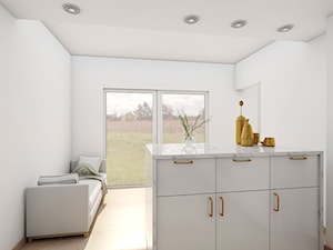 Stylowa kuchnia i łazienka - Mała otwarta biała z zabudowaną lodówką kuchnia jednorzędowa z wyspą lub półwyspem z oknem, styl skandynawski - zdjęcie od Jachtoma design