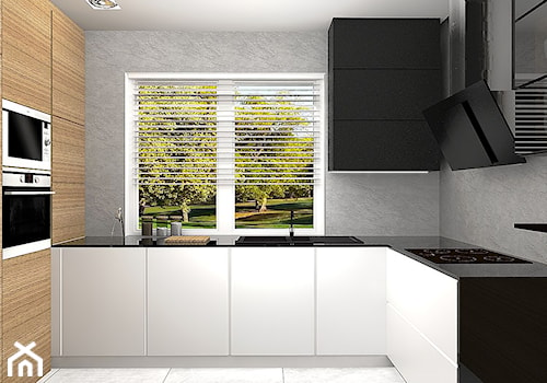 Projekt wnętrz szeregowca - mały apartament - Średnia szara z zabudowaną lodówką z nablatowym zlewozmywakiem kuchnia w kształcie litery u z oknem, styl nowoczesny - zdjęcie od FORMAT