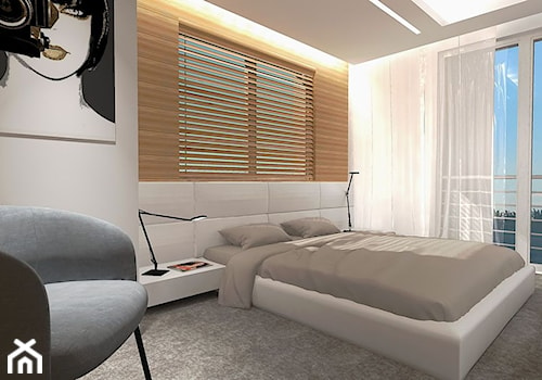 Projekt wnętrz szeregowca - Średnia biała szara sypialnia z balkonem / tarasem, styl nowoczesny - zdjęcie od FORMAT