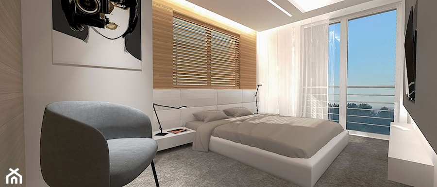 Projekt wnętrz szeregowca - Średnia biała szara sypialnia z balkonem / tarasem, styl nowoczesny - zdjęcie od FORMAT