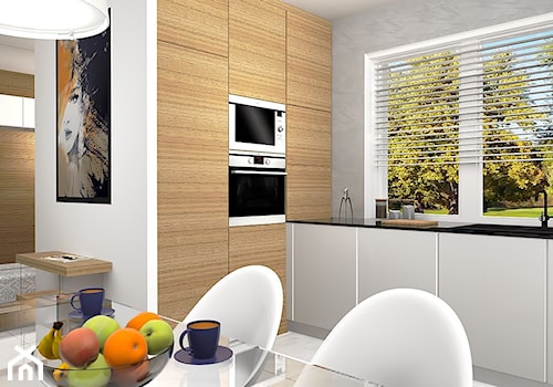 Projekt wnętrz szeregowca - mały apartament - Średnia otwarta z salonem z kamiennym blatem szara z zabudowaną lodówką z nablatowym zlewozmywakiem kuchnia w kształcie litery u z oknem, styl nowoczesny - zdjęcie od FORMAT