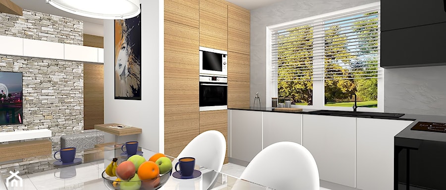 Projekt wnętrz szeregowca - mały apartament - Średnia otwarta z salonem z kamiennym blatem szara z zabudowaną lodówką z nablatowym zlewozmywakiem kuchnia w kształcie litery u z oknem, styl nowoczesny - zdjęcie od FORMAT