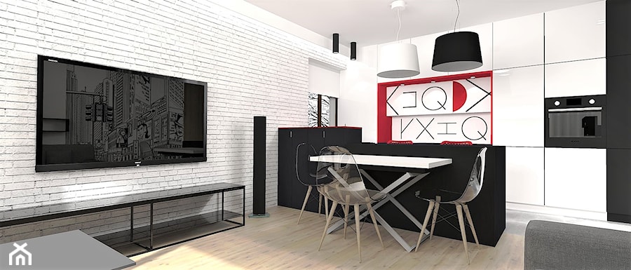 Mieszkanie w Julianowie- Piaseczno - Średni biały czarny salon z kuchnią z jadalnią, styl nowoczesny - zdjęcie od FORMAT