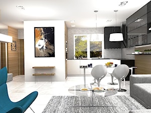Projekt wnętrz szeregowca - mały apartament - Duży czarny szary salon z kuchnią z jadalnią, styl nowoczesny - zdjęcie od FORMAT