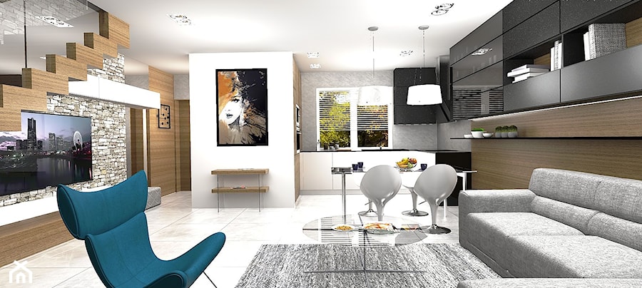 Projekt wnętrz szeregowca - mały apartament - Duży czarny szary salon z kuchnią z jadalnią, styl nowoczesny - zdjęcie od FORMAT