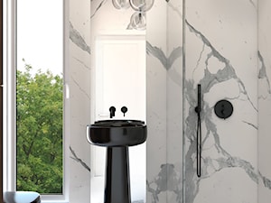 projekt PAVO - Mała z lustrem z marmurową podłogą łazienka z oknem, styl vintage - zdjęcie od STELLARstudio