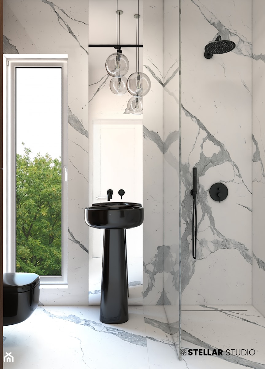 projekt PAVO - Mała z lustrem z marmurową podłogą łazienka z oknem, styl vintage - zdjęcie od STELLARstudio