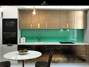 projekt NYX - Średnia zamknięta z kamiennym blatem szara zielona z zabudowaną lodówką z nablatowym zlewozmywakiem kuchnia jednorzędowa, styl glamour - zdjęcie od STELLARstudio
