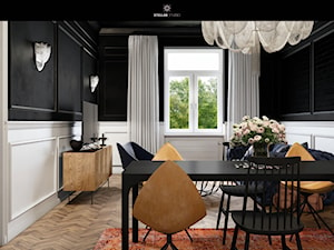 projekt NYX - Mały biały czarny salon z jadalnią, styl glamour - zdjęcie od STELLARstudio