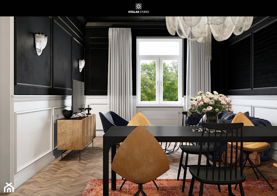 projekt NYX - Mały biały czarny salon z jadalnią, styl glamour - zdjęcie od STELLARstudio