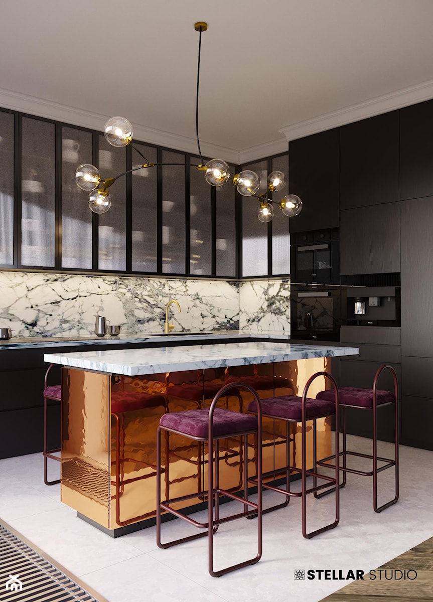 projekt LUNA penthouse - Średnia otwarta szara z zabudowaną lodówką z podblatowym zlewozmywakiem kuchnia w kształcie litery l z wyspą lub półwyspem z marmurem nad blatem kuchennym, styl nowoczesny - zdjęcie od STELLARstudio