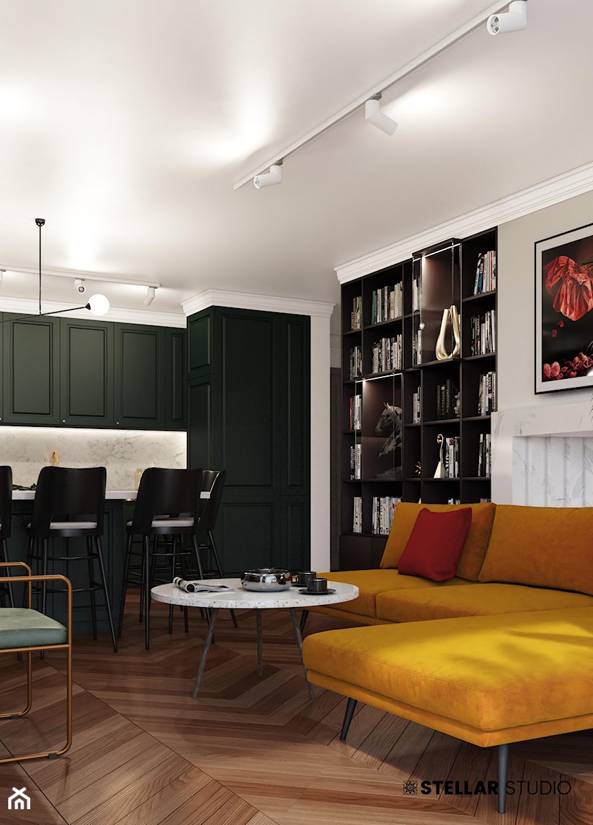 projekt MIMOSA - Mały biały salon z kuchnią z jadalnią z bibiloteczką, styl glamour - zdjęcie od STELLARstudio