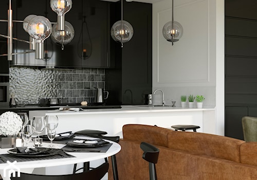 projekt SERPENS - Średni biały czarny salon z kuchnią z jadalnią, styl glamour - zdjęcie od STELLARstudio