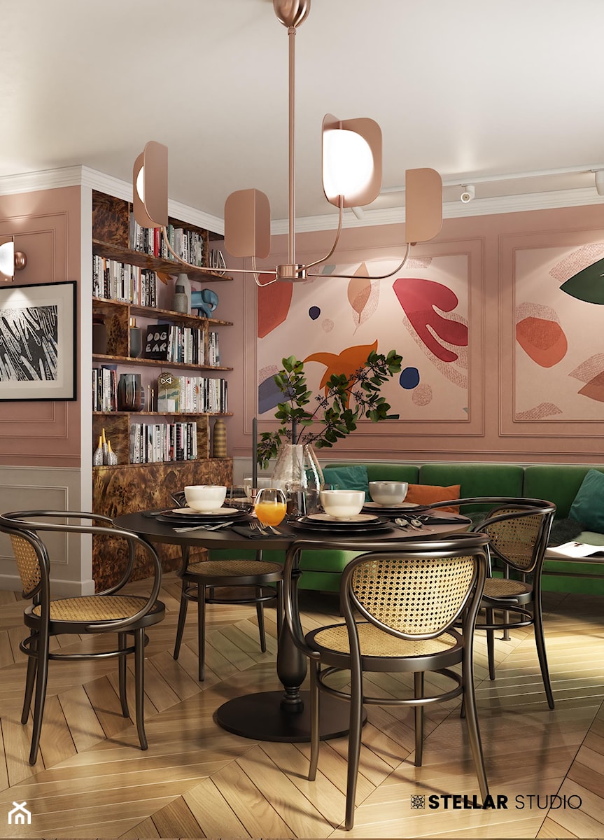 projekt AURORA - Średni różowy salon z jadalnią, styl nowoczesny - zdjęcie od STELLARstudio