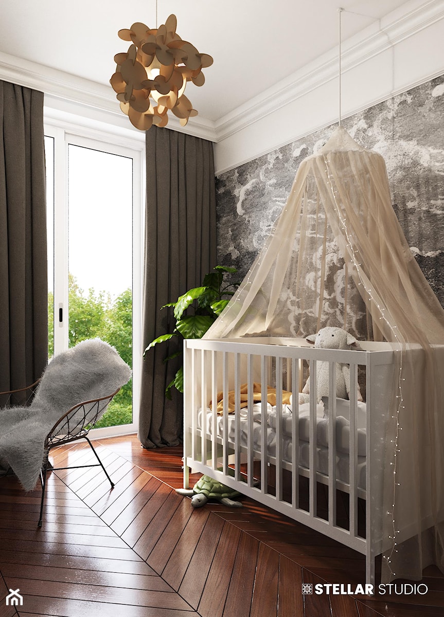 projekt MIMOSA - Mały biały szary pokój dziecka dla niemowlaka dla chłopca dla dziewczynki, styl glamour - zdjęcie od STELLARstudio