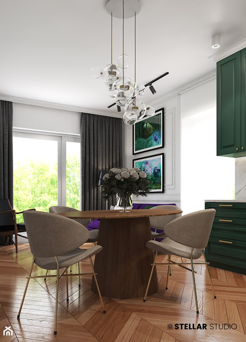 projekt PAVO - Średnia biała jadalnia w salonie w kuchni, styl glamour - zdjęcie od STELLARstudio