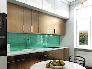 projekt NYX - Średnia zamknięta z kamiennym blatem biała zielona z zabudowaną lodówką z nablatowym zlewozmywakiem kuchnia jednorzędowa z oknem, styl glamour - zdjęcie od STELLARstudio