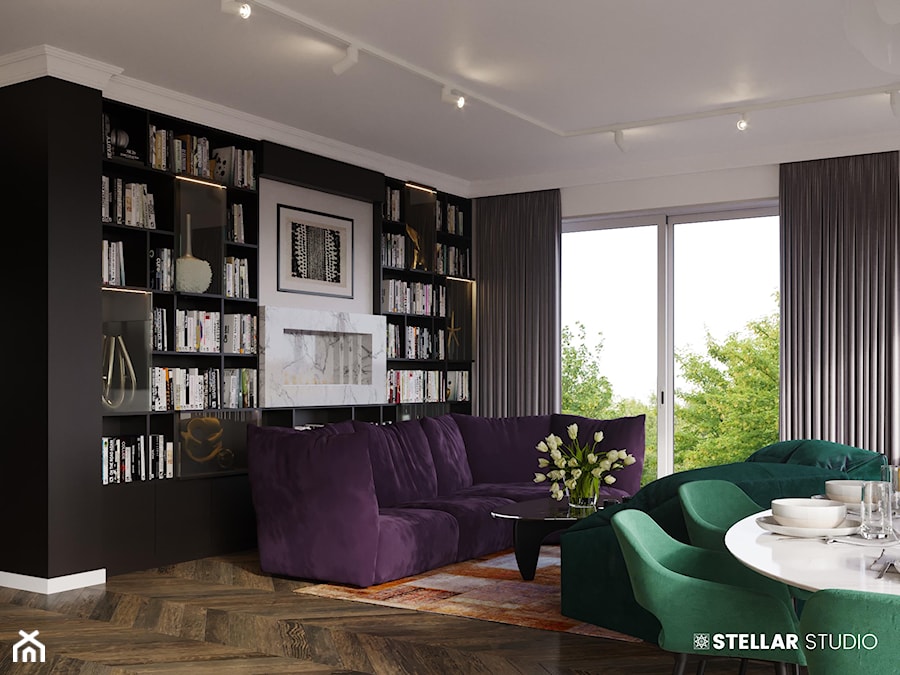 projekt LUNA penthouse - Mały czarny szary salon z jadalnią, styl nowoczesny - zdjęcie od STELLARstudio