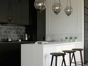 projekt SERPENS - Średnia otwarta z kamiennym blatem czarna szara z zabudowaną lodówką z podblatowym zlewozmywakiem kuchnia w kształcie litery u, styl glamour - zdjęcie od STELLARstudio