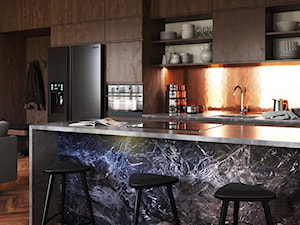 projekt ORION - Duża otwarta z salonem z kamiennym blatem szara z zabudowaną lodówką z podblatowym zlewozmywakiem kuchnia jednorzędowa z marmurem nad blatem kuchennym, styl nowoczesny - zdjęcie od STELLARstudio